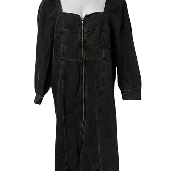 Future Collective Black Denim ZipFront Midi Dress 16W18W Puff Sleeve Square Neck - Picture 4 of 11